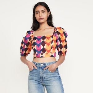 Farm Rio linen crop top puff sleeve/back smocking